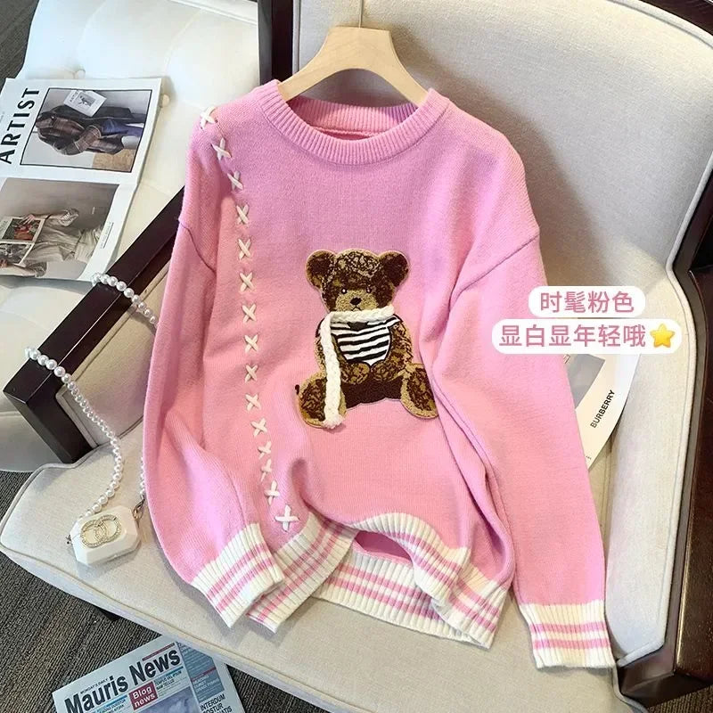 Unisex Kawaii Bear Embroidered Sweater – Harajuku Y2K Loose Fit Pullover