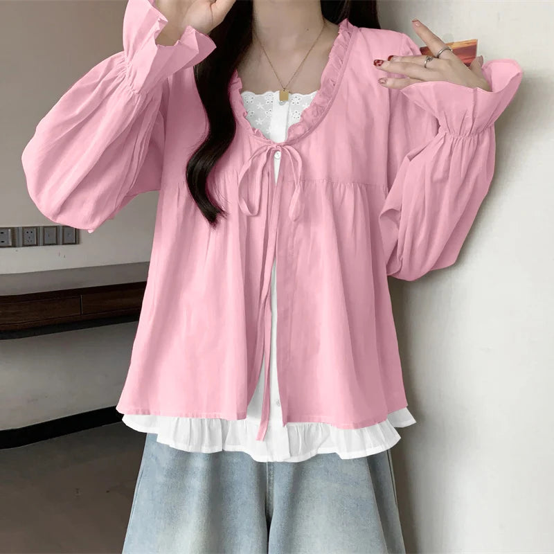 VONDA Women Patchwork Tops Bohemian Ruffled Blouse 2025 Summer Solid Color Shirts Holiday Flare Sleeve Blusas Oversize Fake 2pcs
