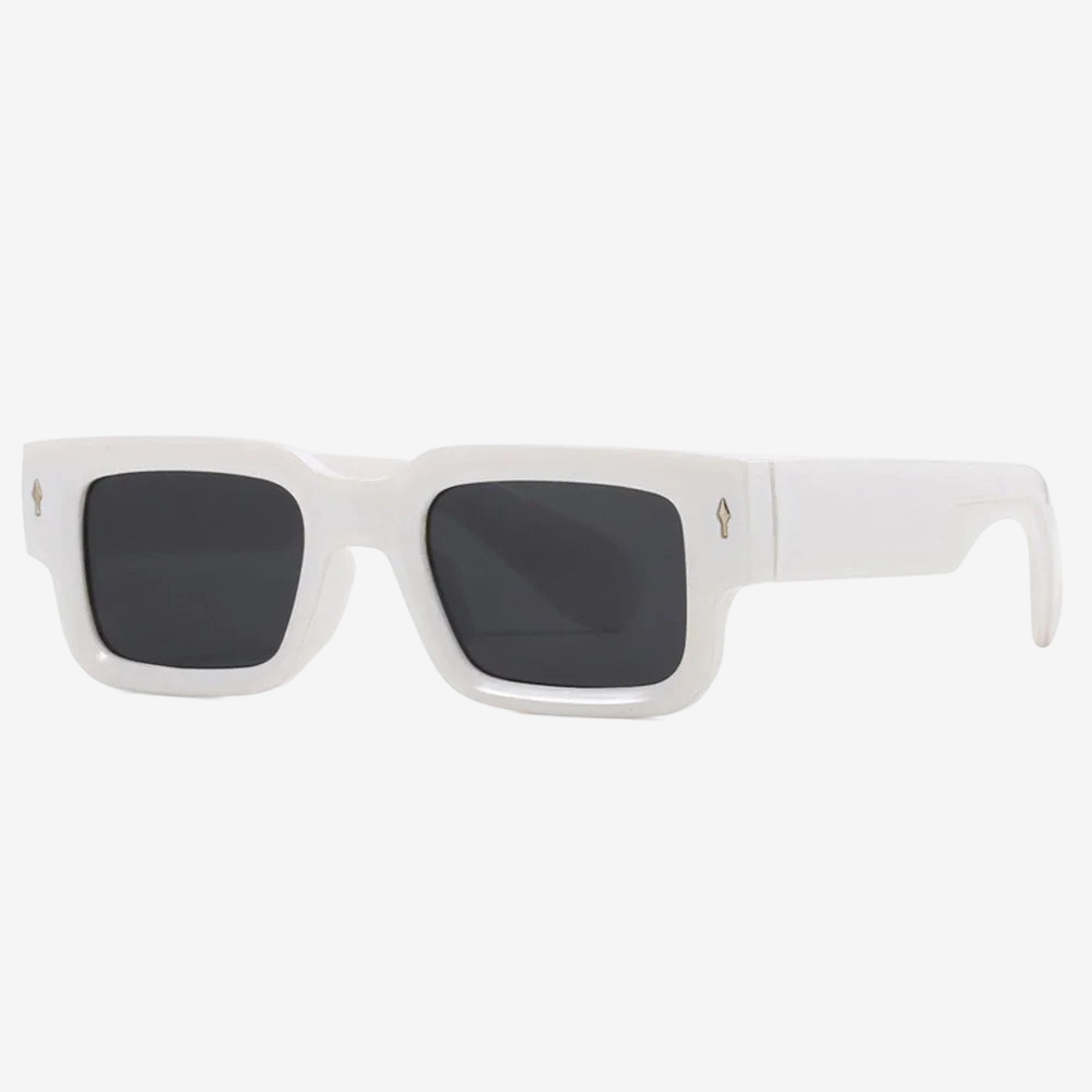 a pair of white sunglasses with black lenses