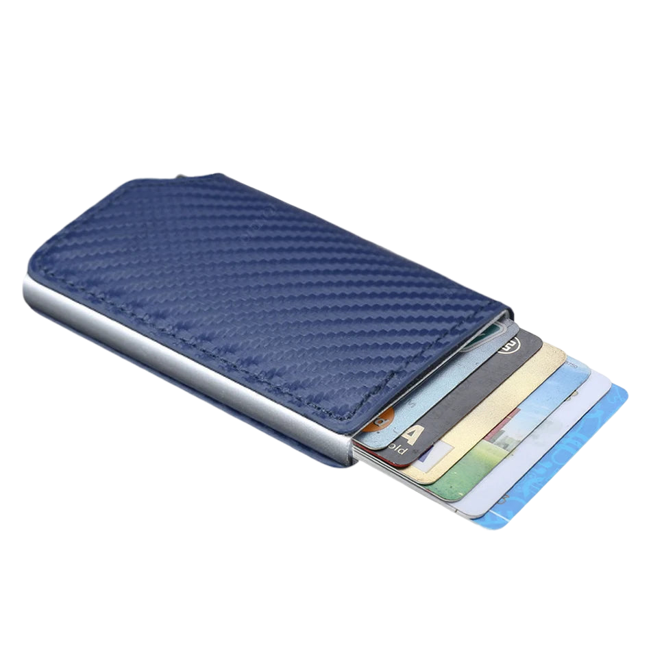 a blue wallet with four credit cards in it