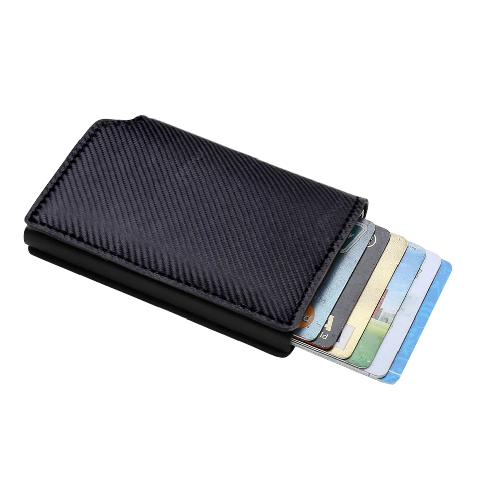a wallet with four credit cards in it