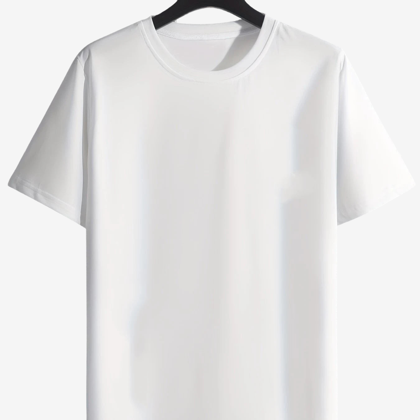 a white t - shirt hanging on a black hanger