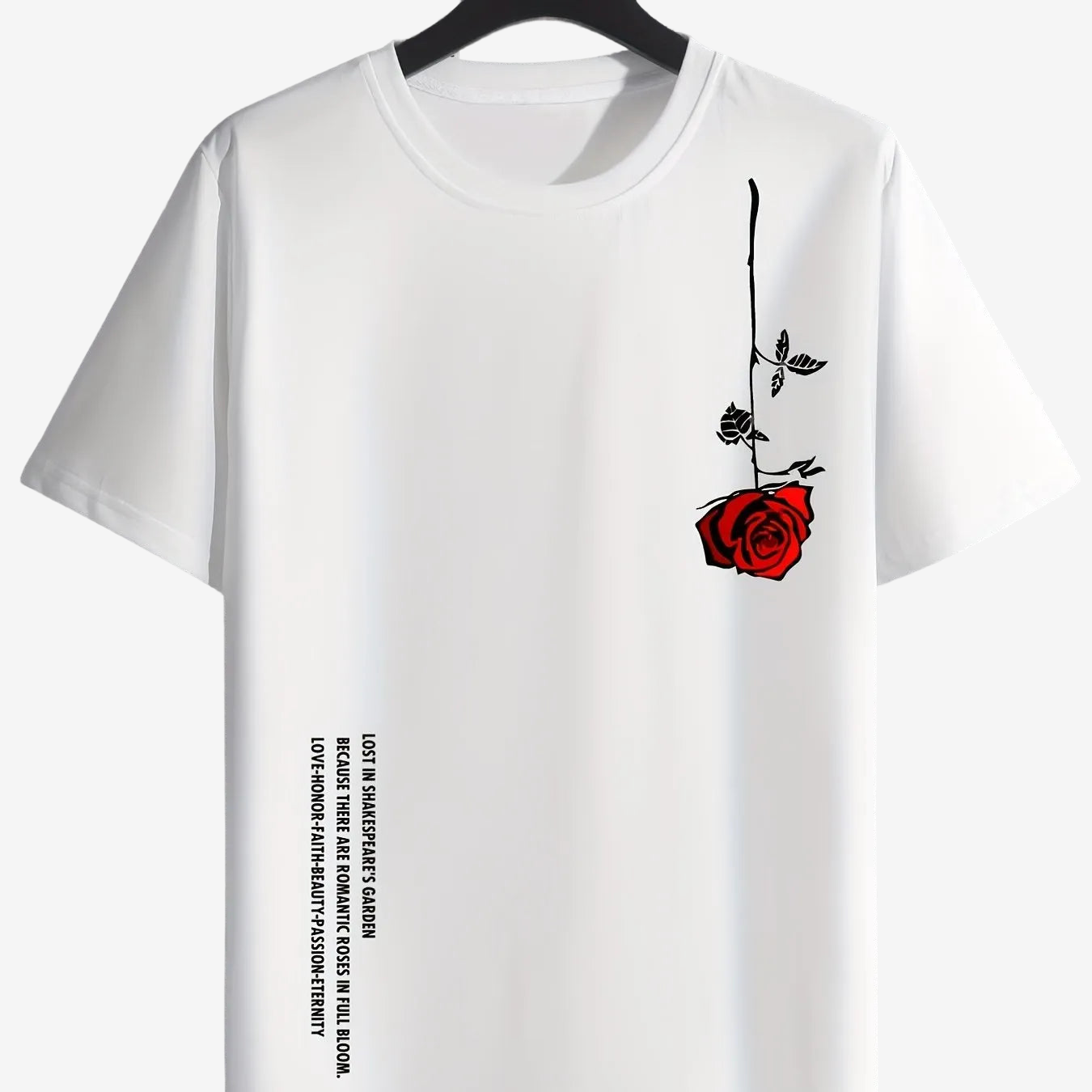 a white t - shirt with a red rose on it