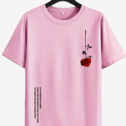 a pink t - shirt with a rose on it