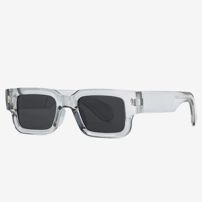 a pair of clear sunglasses with black lenses