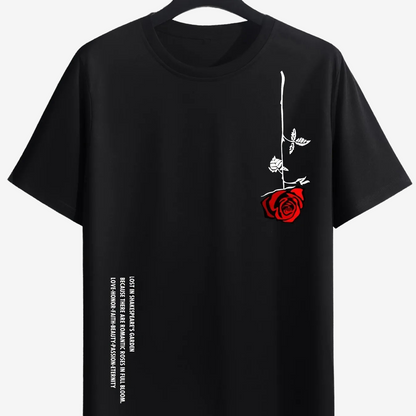 a black t - shirt with a red rose on it