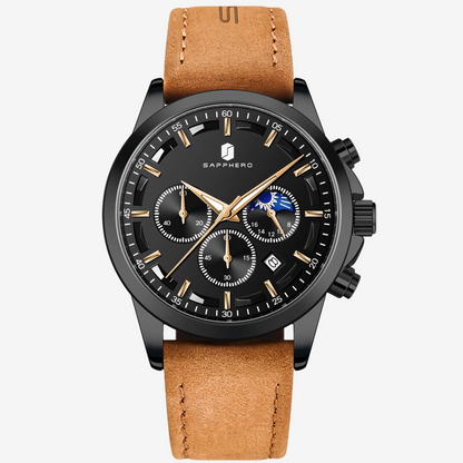 a black watch with a brown leather strap