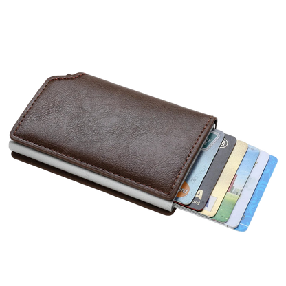 a leather wallet with credit cards in it