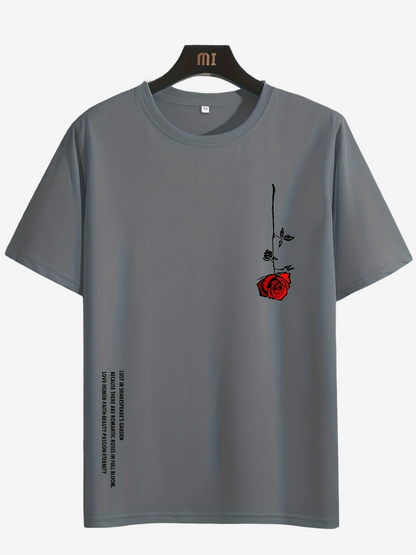 a gray t - shirt with a rose on it