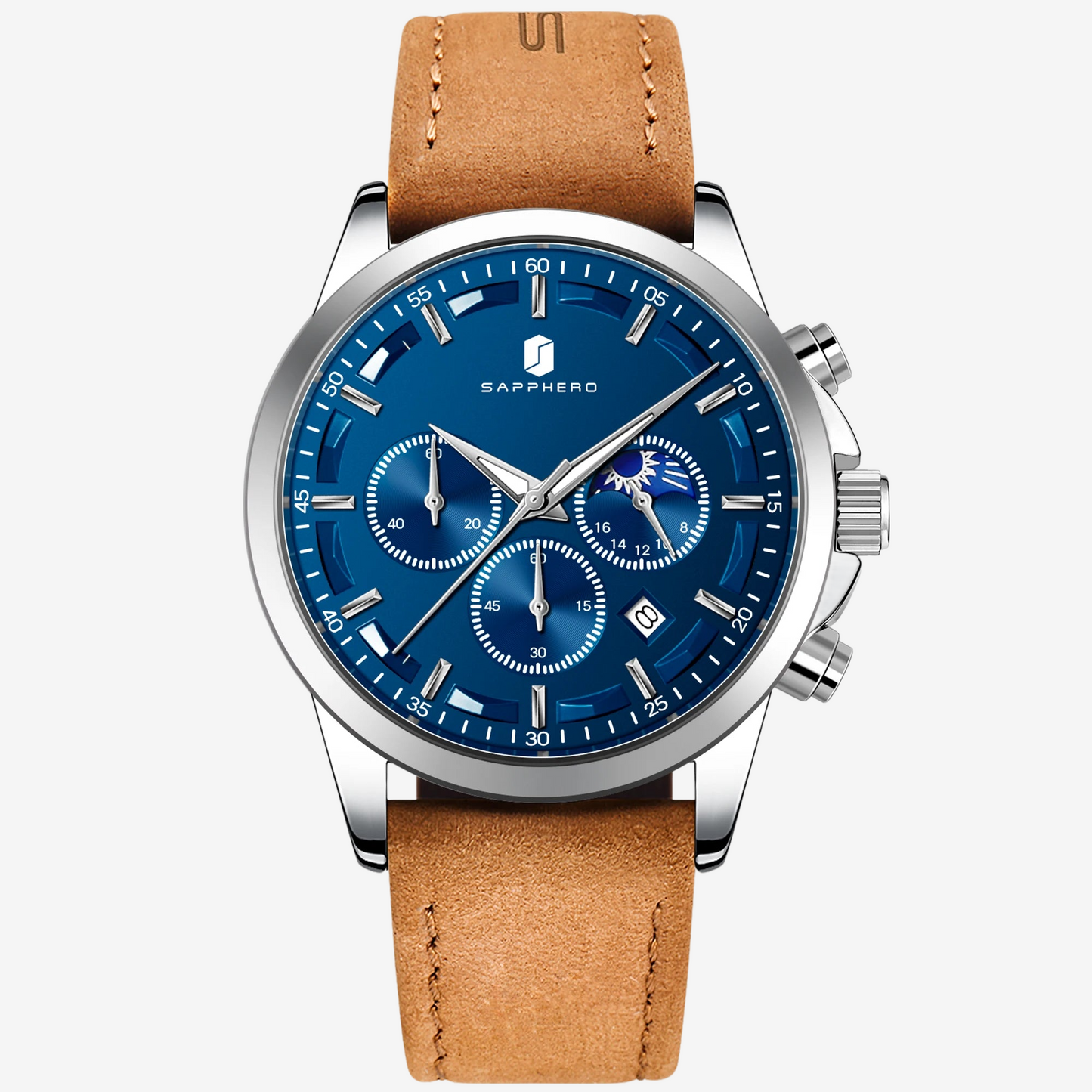 a watch with a blue dial and brown leather strap