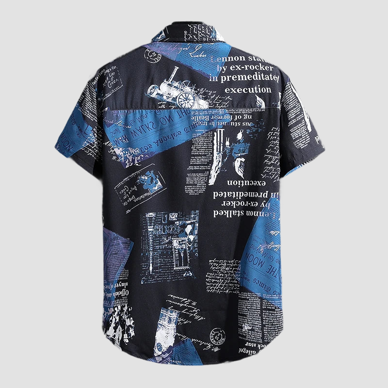 a black shirt with blue and white images on it