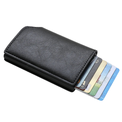 a black leather wallet with credit cards in it