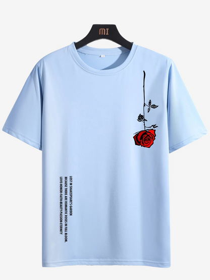 a blue t - shirt with a red rose on it
