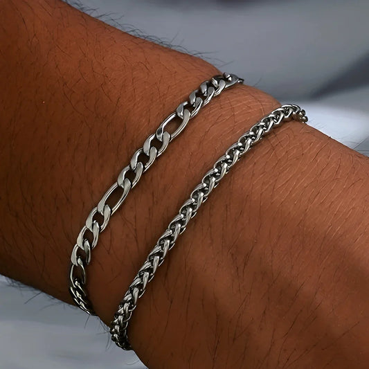 2pcs Simple Minimalist Silver Plated Chain Bracelets Set for Men Fashionable Daily Wear
