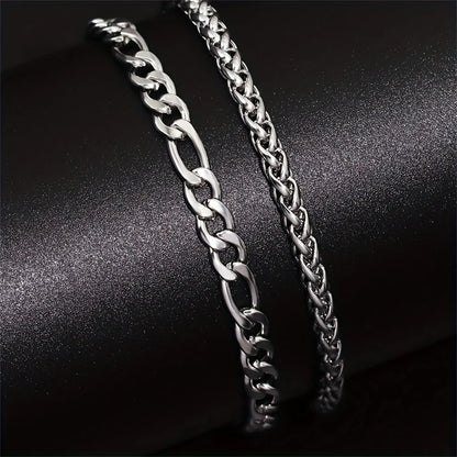 2pcs Simple Minimalist Silver Plated Chain Bracelets Set for Men Fashionable Daily Wear