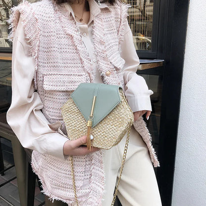 Hexagon Woven Straw and Leather Shoulder Bag – Bohemian Summer Beach Style