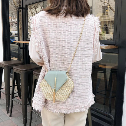 Hexagon Woven Straw and Leather Shoulder Bag – Bohemian Summer Beach Style