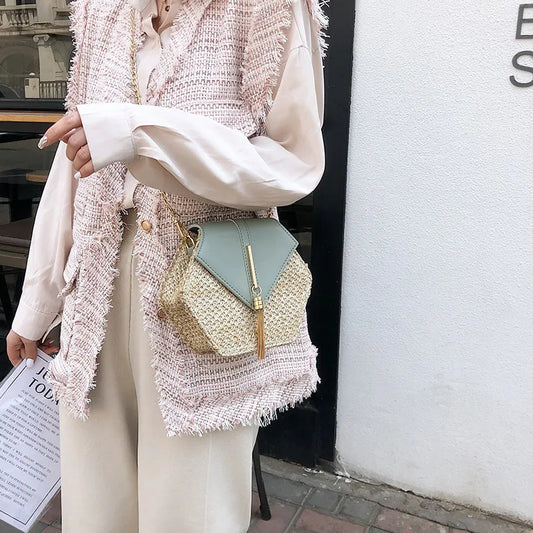 Hexagon Woven Straw and Leather Shoulder Bag – Bohemian Summer Beach Style