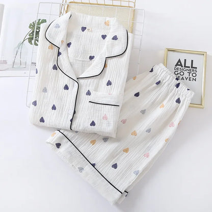 Japanese Summer Cotton Gauze Heart-Shaped Pajamas Suit