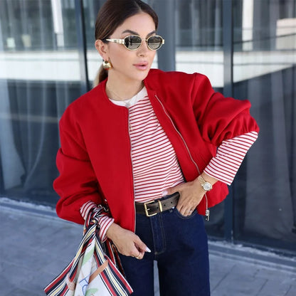 TRAF Women's Zipper Bomber Jacket – Soft Cropped Sports Jacket with Long Sleeves (2024)