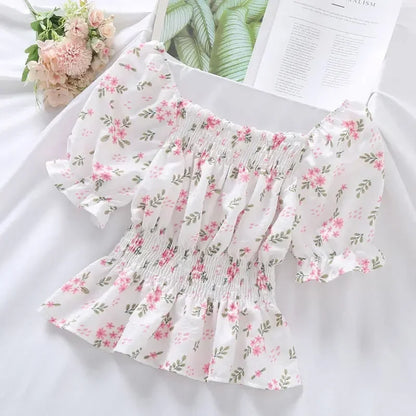 Sweet Broken Flower Chiffon Blouse for Summer Style