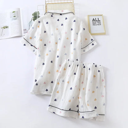 Japanese Summer Cotton Gauze Heart-Shaped Pajamas Suit