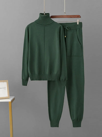 Women's Candy Color Knitted 2-Piece Set – Turtleneck Pullover Sweater and High-Waisted Harem Pants (Multiple Colors)