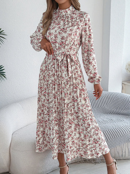 Floral Stand Up Collar Long Sleeve Bridesmaid Dress