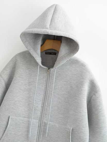 TRAFZA Women’s Autumn Gray Hooded Jacket – Zipper Coat with Big Pockets and Long Sleeves (Loose Fit)