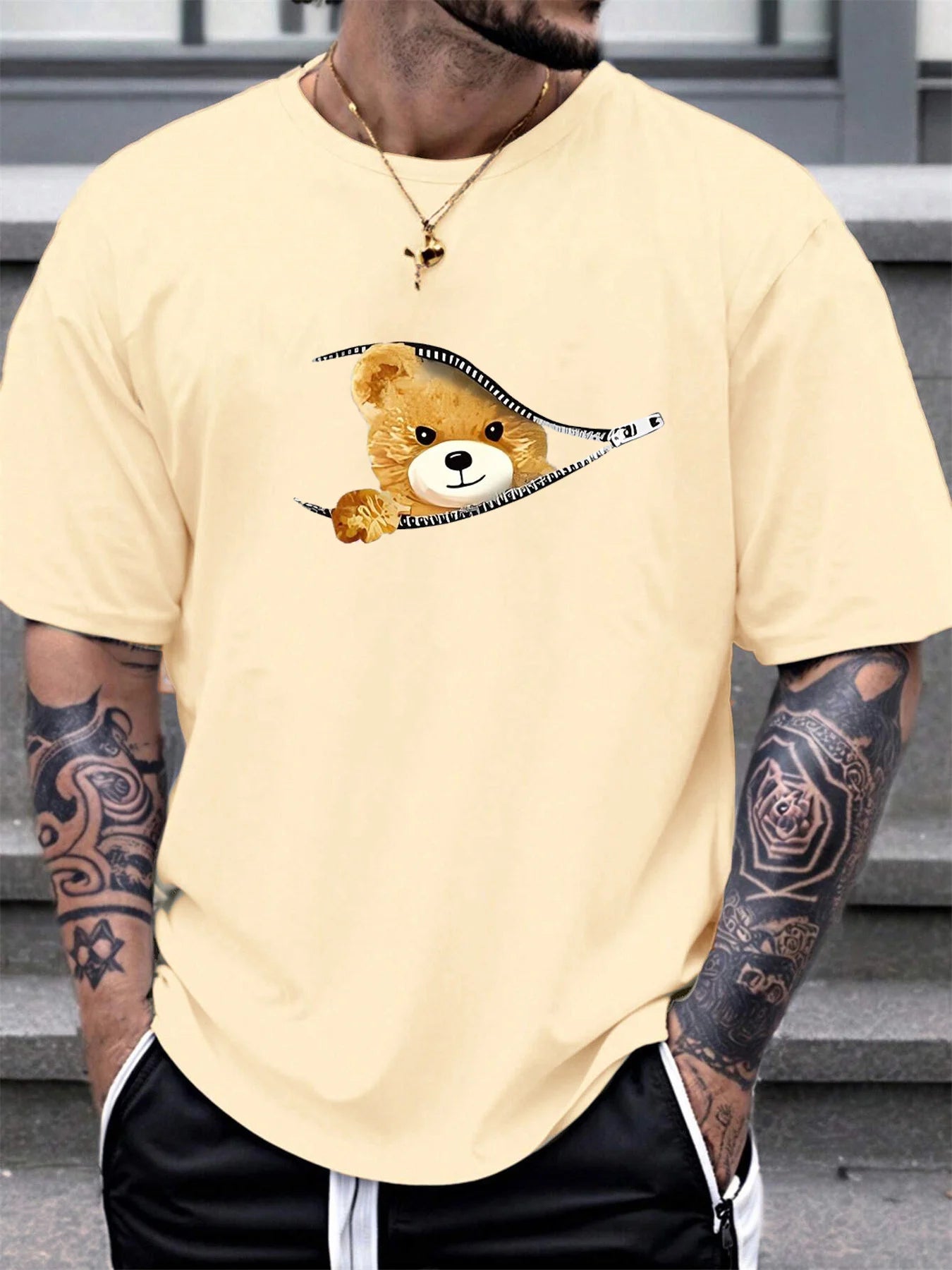 100% Cotton Men's Summer Casual Bear Pattern T-Shirt