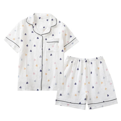 Japanese Summer Cotton Gauze Heart-Shaped Pajamas Suit