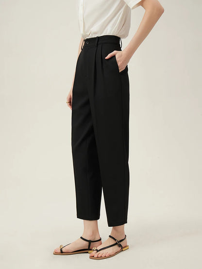 FSLE Women's High-Waisted Cropped Pants – Summer Loose Fit Slimming Tapered Casual Pants in Blue & Black