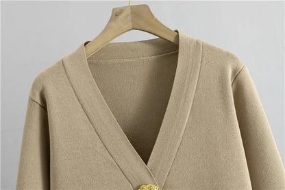 Women's Elegant Knitted 2-Piece Set – Korean Style Cardigan Sweater and High-Waisted Wide-Leg Pants Outfit