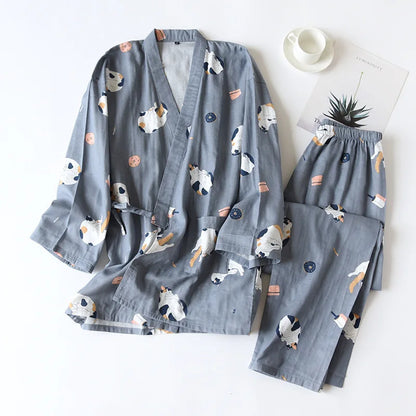 New Japanese-Style Kimono Couple Pajamas with Cute Kittens