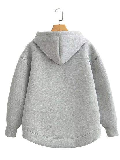 TRAFZA Women’s Autumn Gray Hooded Jacket – Zipper Coat with Big Pockets and Long Sleeves (Loose Fit)