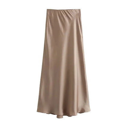 Elegant TRAF Woman 2024 Satin High Waist Midi Skirt