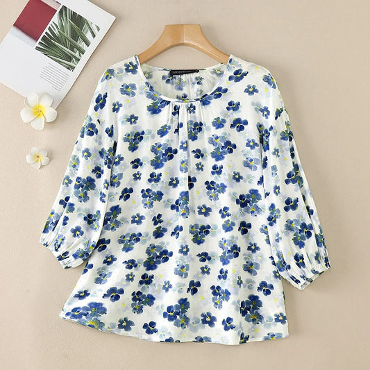 ZANZEA Women Ditsy Floral Blouses 2025 Summer Loose Casual O Neck 3/4 Sleeve Blusas Mujer Bohemian Vintage Elegant Smock Tops