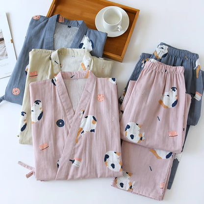 New Japanese-Style Kimono Couple Pajamas with Cute Kittens