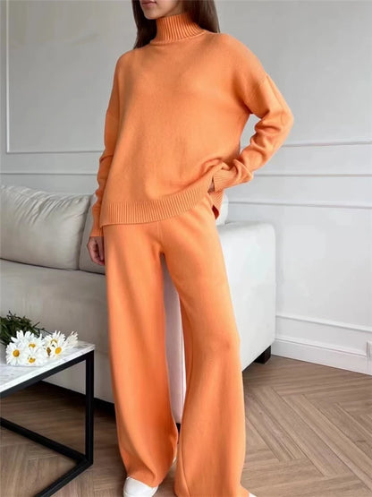Cozy Autumn & Winter 2-Piece Knitted Tracksuit Set for Women – Turtleneck Sweater & Straight-Leg Joggers