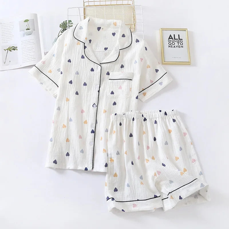 Japanese Summer Cotton Gauze Heart-Shaped Pajamas Suit
