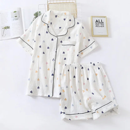 Japanese Summer Cotton Gauze Heart-Shaped Pajamas Suit
