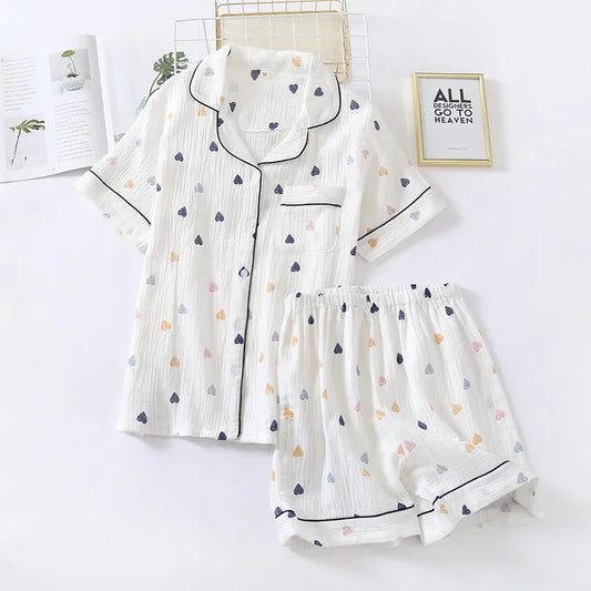 Japanese Summer Cotton Gauze Heart-Shaped Pajamas Suit