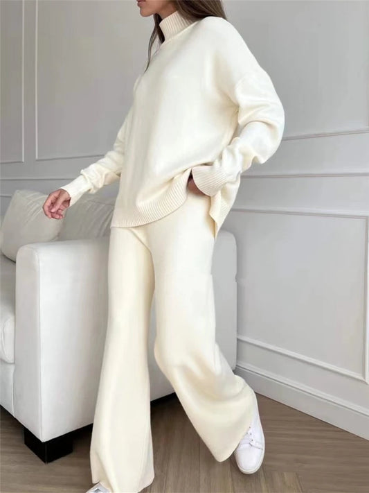 Cozy Autumn & Winter 2-Piece Knitted Tracksuit Set for Women – Turtleneck Sweater & Straight-Leg Joggers