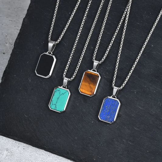 Trendy Pendant Necklaces for Men with Square Natural Stone