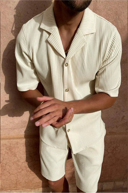 Men's Corduroy Short Sleeve Shirt & Shorts Set – Casual Summer Beach Outfit