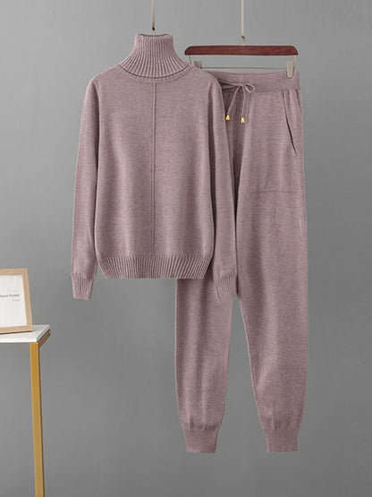 Women's Candy Color Knitted 2-Piece Set – Turtleneck Pullover Sweater and High-Waisted Harem Pants (Multiple Colors)