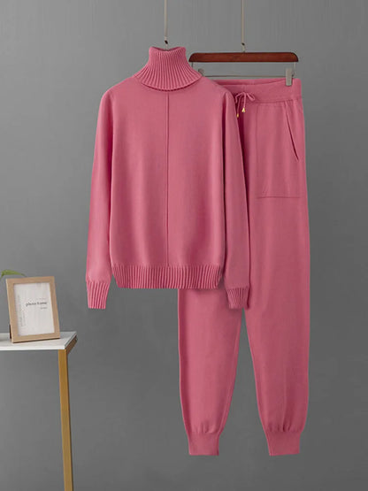 Women's Candy Color Knitted 2-Piece Set – Turtleneck Pullover Sweater and High-Waisted Harem Pants (Multiple Colors)