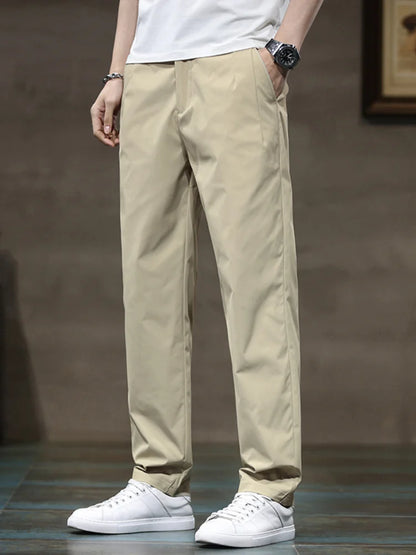 Summer Thin Ice Silk Casual Pants for Men in Solid Color Loose Straight Fashionable Light Business Casual Long Trousers Male