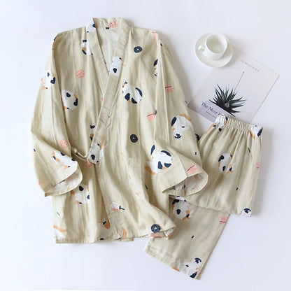 New Japanese-Style Kimono Couple Pajamas with Cute Kittens