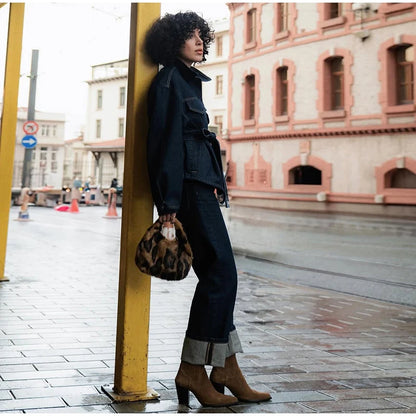 Women's Street Style Denim Jacket and Pants Set – Belted Spliced Lapel Jacket and High-Waisted Straight Pants (Spring 2025)